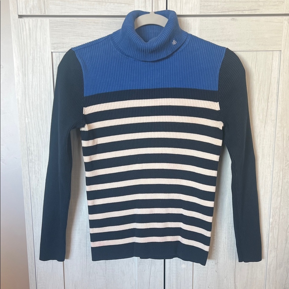 Lauren Ralph Lauren Ribbed Turtleneck Sweater Blue Black Striped Women’s Med